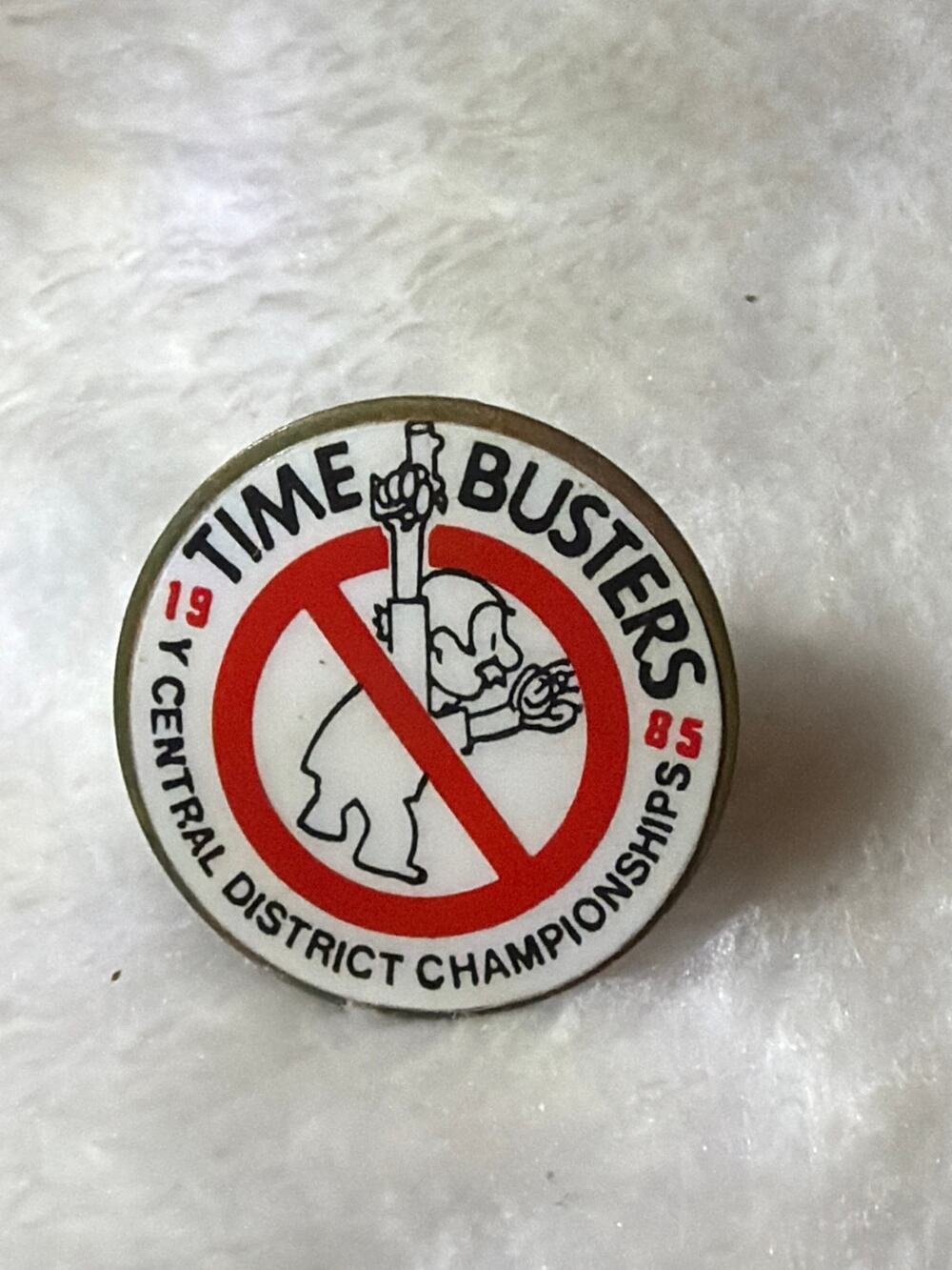 Vintage 1985 Time Busters Central District Championship Lapel Pin Parody